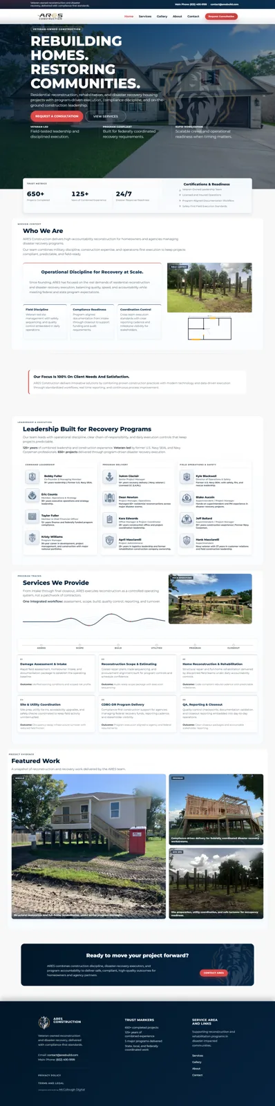 ARES Construction website homepage showing redesigned hero section with clear service navigation and project gallery