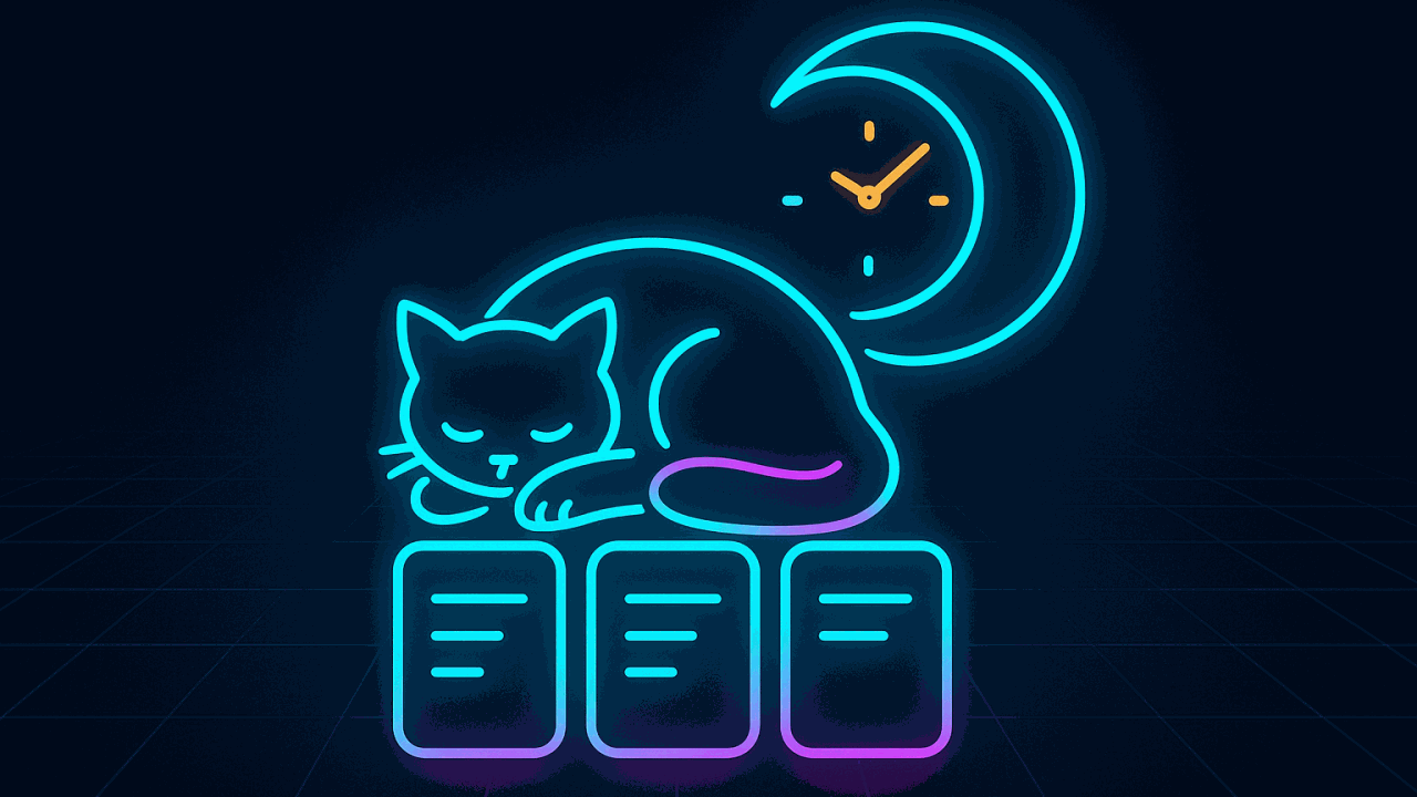 Featured image: neon cat sleeping on Kanban cards with moon clock