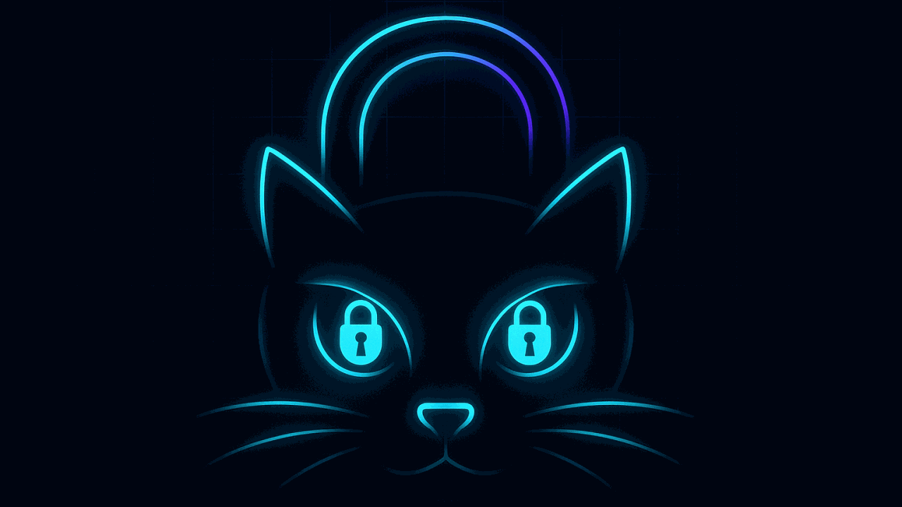 Featured image: neon cat face with lock pupils