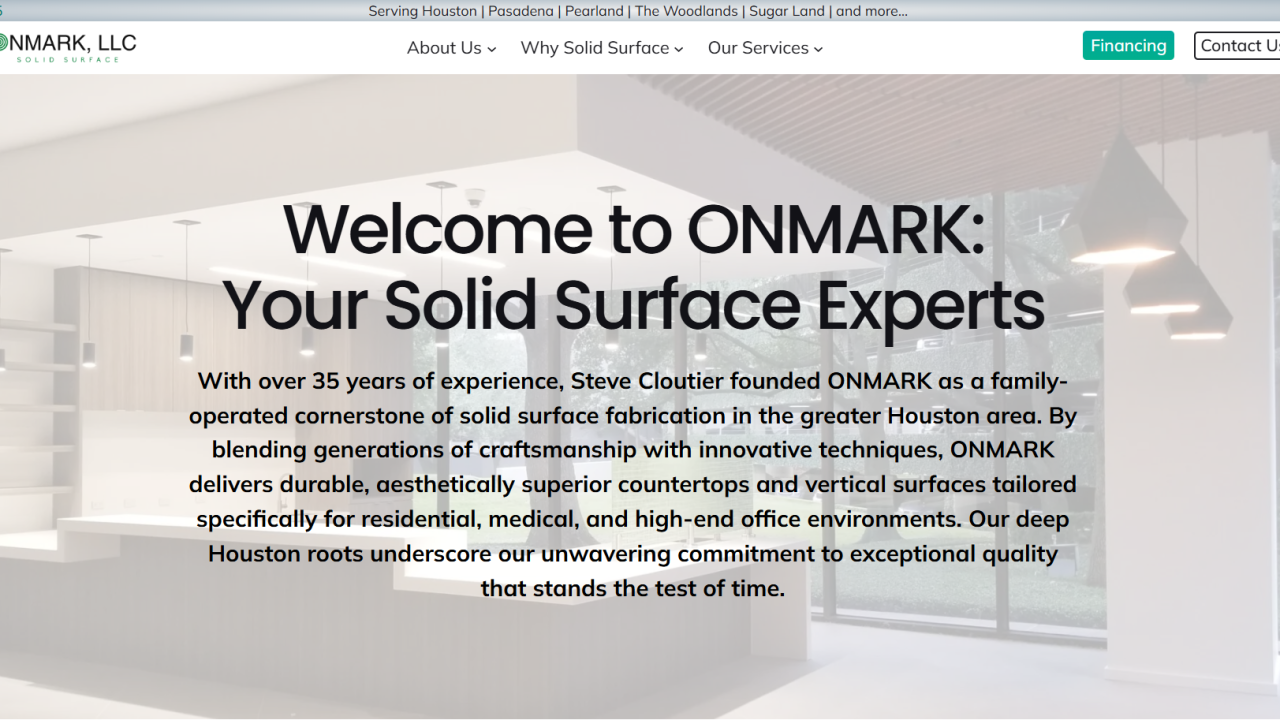 OnMark LLC homepage showing improved lead capture form and service area coverage map
