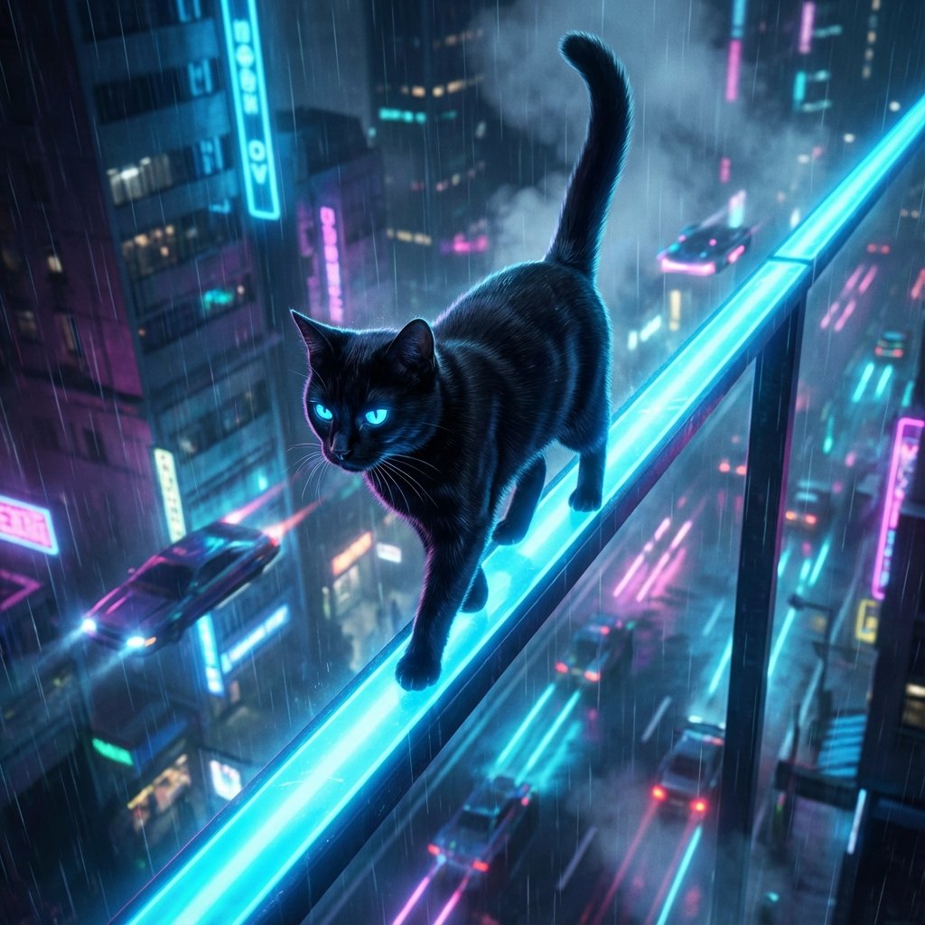 Black cat walking on neon balance beam above cyberpunk city