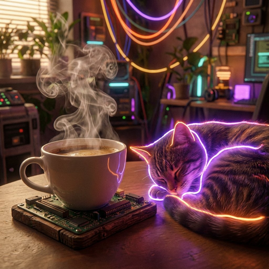 Steaming coffee with a neon sleeping cat outline