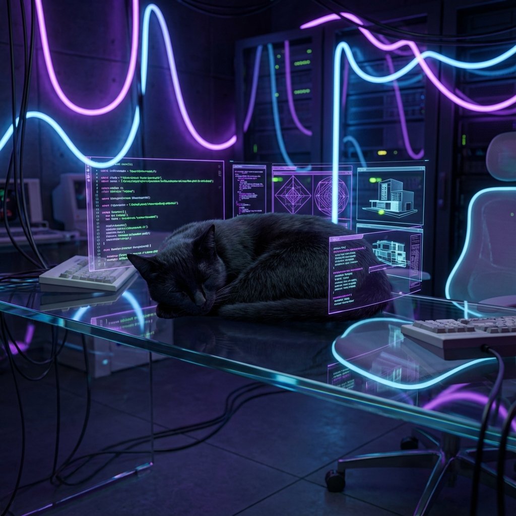 Cyberpunk creative workspace with a napping cat