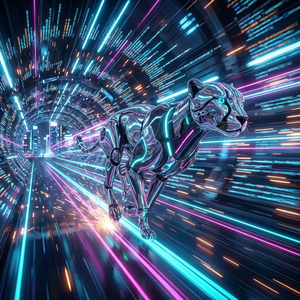 Neon cheetah-cat sprinting through fiber optic tunnel