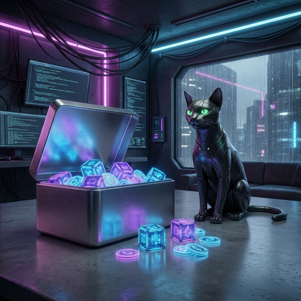 Cyberpunk treat box full of glowing data and coins with a cat